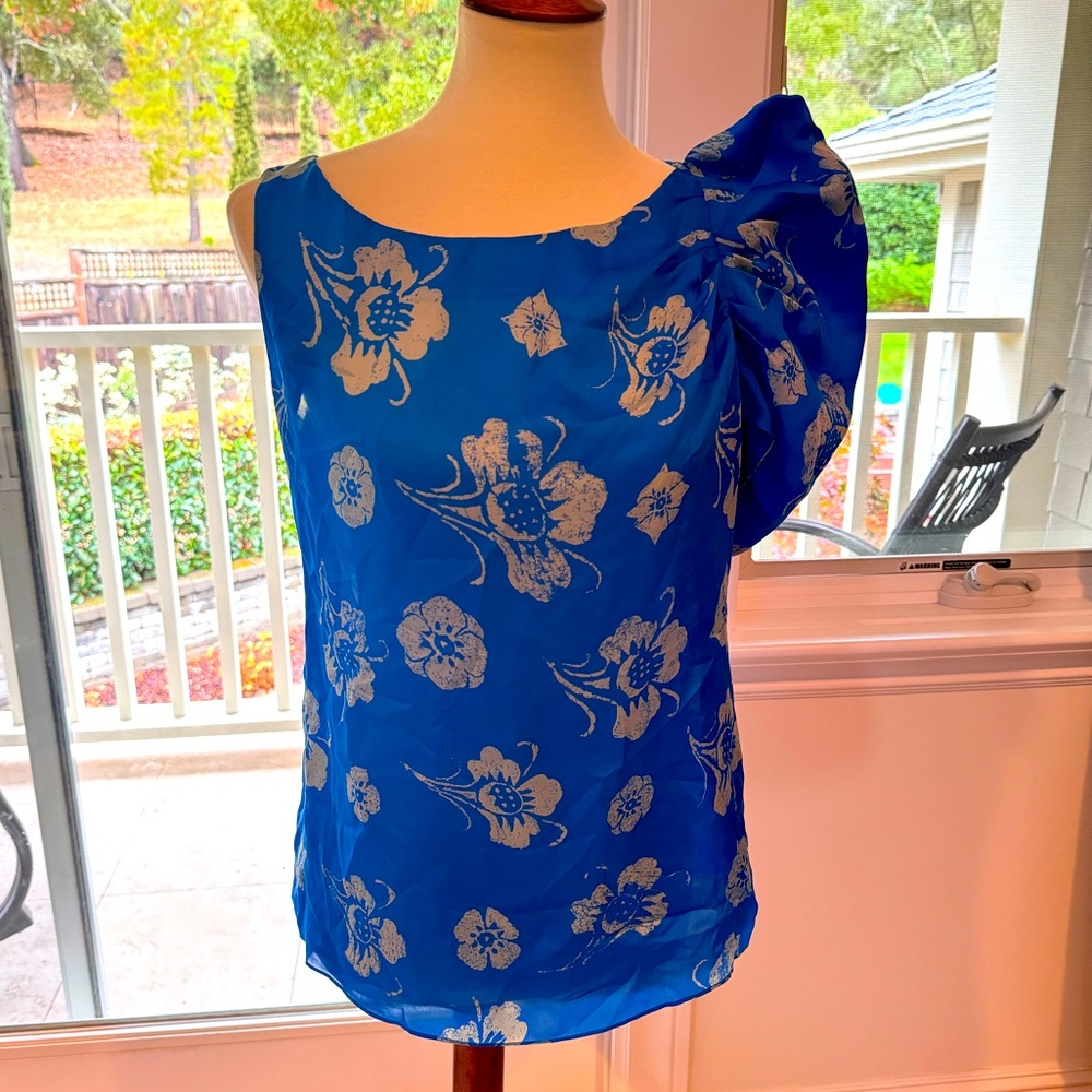 Anthropologie Leifsdottir 100% Silk Floral Blue Shoulder Ruffle Blouse Size 8